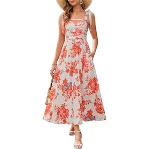 Summer Spaghetti Strap Floral Maxi Dress White Orange